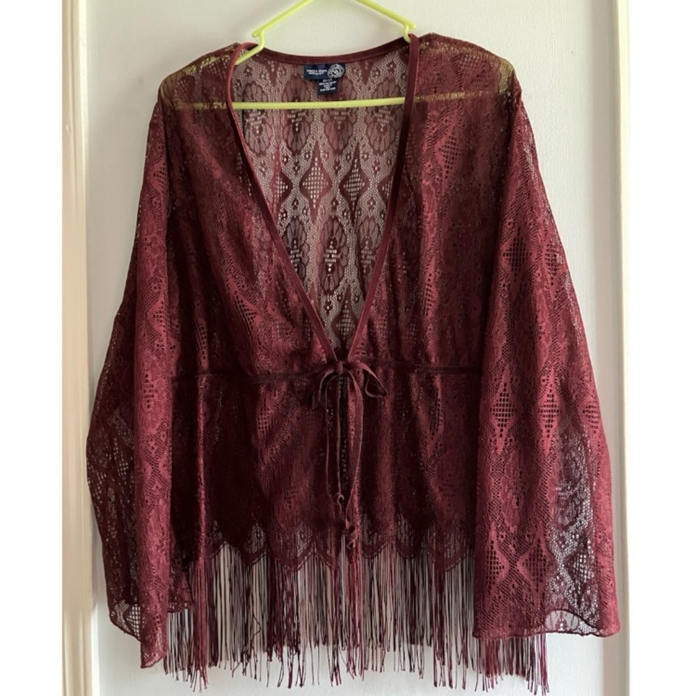 22/24 Venezia Lane Bryant Y2K VTG Whimsigoth Sheer Crochet Maroon Fringe Kimono